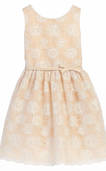 Knee-Length Scalloped Bowed Tiered Sequins&Satin Flower Girl Dress