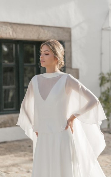 Simple Chiffon Jewel-neck Sheer Sheath Boho Wedding Dress with Cape