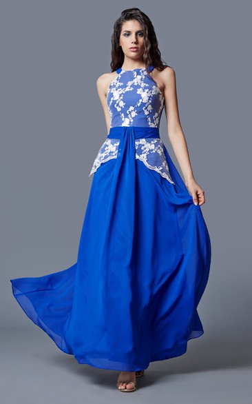 Demure Sleeveless High Neck Long Chiffon Dress With Lace Bodice