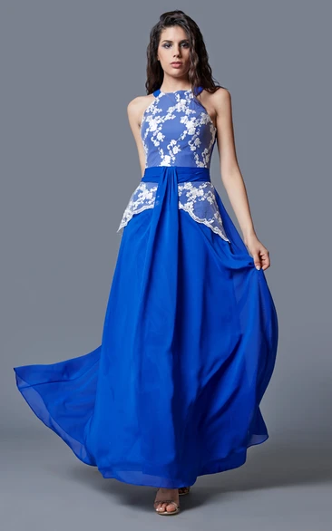 Demure Sleeveless High Neck Long Chiffon Dress With Lace Bodice