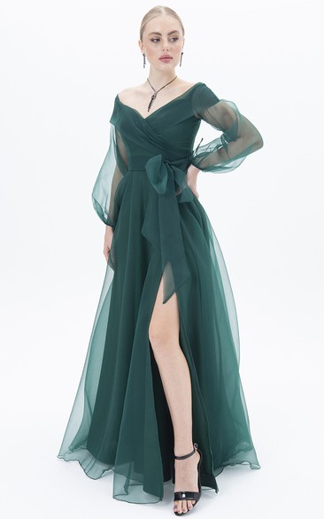 Elegant Long Sleeve Floor-length A Line Chiffon Zipper Formal Dress with Split Front