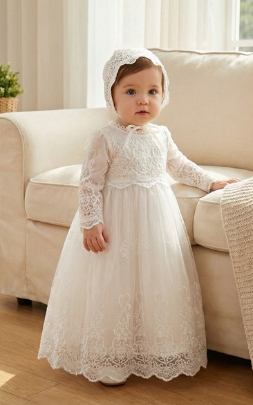 Christening White Long Sleeve Baby Flower Girl Dress Lace Tulle Gown with Bonnet