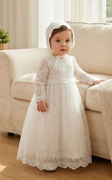 Christening White Long Sleeve Baby Flower Girl Dress Lace Tulle Gown with Bonnet