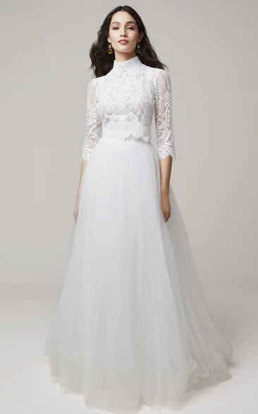 Two Piece Elegant Lace High Neck Wedding Dress with Train