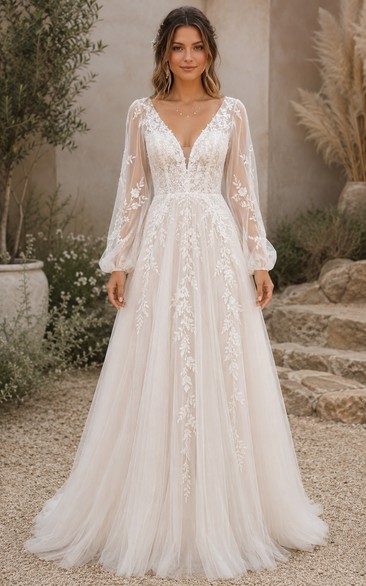 Boho Country A-Line Wedding Dress Long Sleeve V-Neck Lace Chiffon Floor Length Sweep Train Ivory