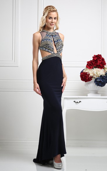 High-Low Sheath Long Jewel-Neck Sleeveless Jersey Backless Dress With Beading