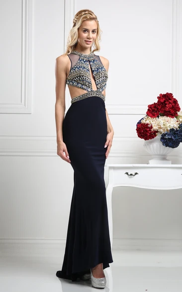 High-Low Sheath Long Jewel-Neck Sleeveless Jersey Backless Dress With Beading