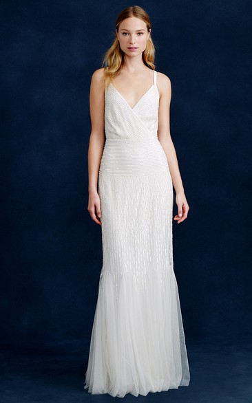 Sheath Sleeveless V-Neck Floor-Length Beaded Tulle Wedding Dress With Tiers