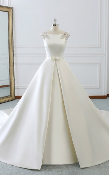 Satin Princess Solid Ball Gown Elegant Beaded Epaulet Corset Back Wedding Dress Styles with Court Train