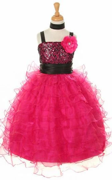 Ankle-Length Cape Floral Sequins&Organza Flower Girl Dress With Sash