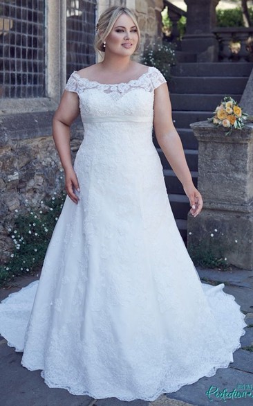 Off-The-Shoulder Lace Plus Size Wedding Dress With Lace Up