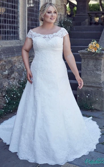 Off-The-Shoulder Lace Plus Size Wedding Dress With Lace Up