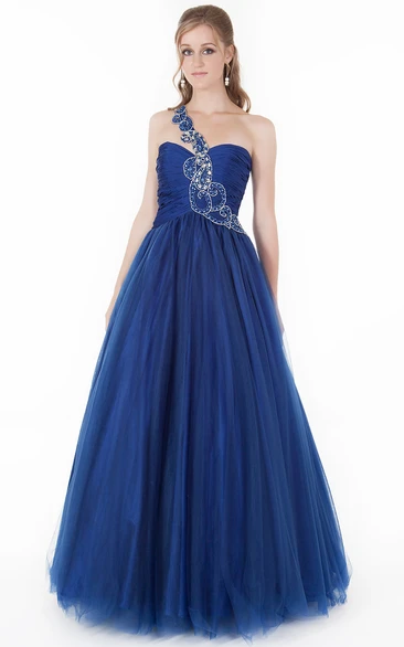 A-Line Long Beaded One-Shoulder Sleeveless Tulle Prom Dress With Pleats