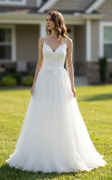 Deep V-Neck Open Back Tulle Wedding Dress