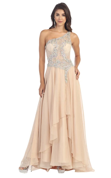 A-Line Maxi One-Shoulder Sleeveless Chiffon Illusion Dress With Lace And Draping