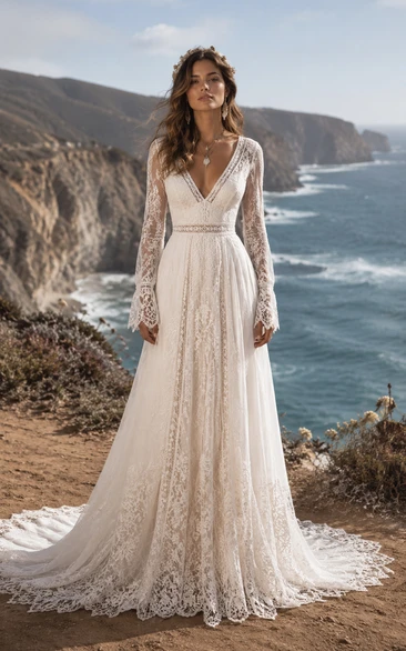 Boho Beach A-Line Wedding Dress Long Sleeve V-Neck Lace Applique Floor Length Chapel Train Ivory