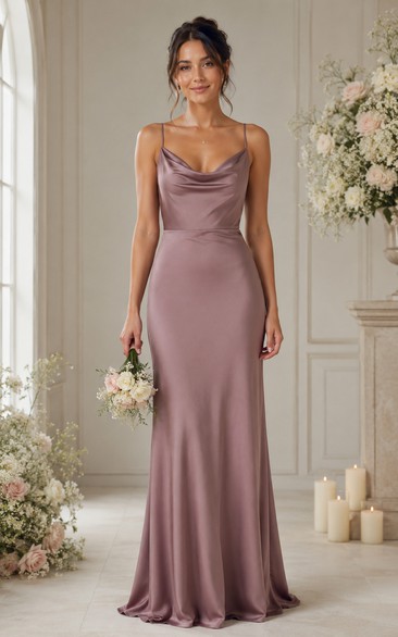 Mauve Satin Sheath Cowl Neck Bridesmaid Dress