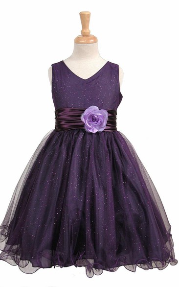 V-Neck Midi Tiered Charmeuse Flower Girl Dress