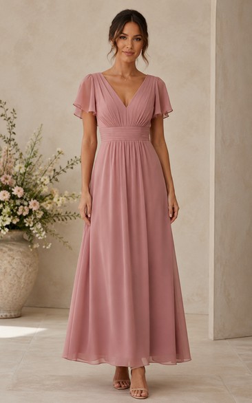 Dusty Rose Tea-length Flutter Sleeve Bridesmaid Dress