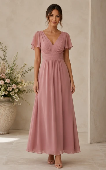 Dusty Rose Tea-length Flutter Sleeve Bridesmaid Dress