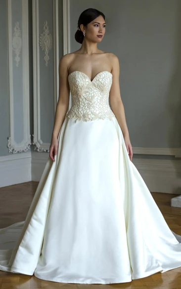 A-Line Long Sweetheart Satin Wedding Dress With Appliques And V Back