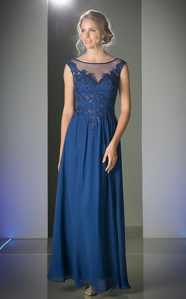 Sheath Ankle-Length Scoop-Neck Sleeveless Chiffon Illusion Dress With Appliques