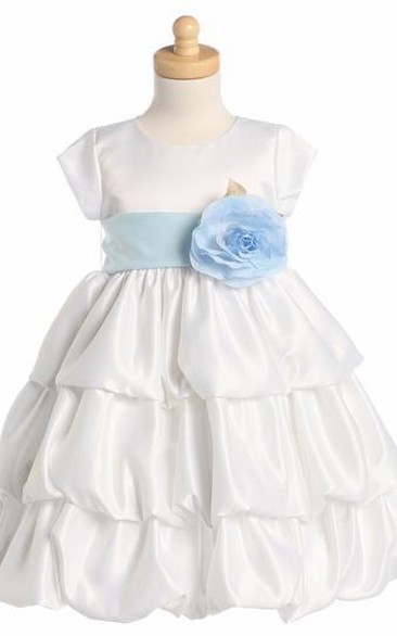 Tea-Length Cap-Sleeve Tiered Satin Flower Girl Dress