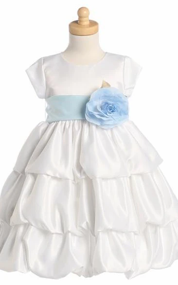 Tea-Length Cap-Sleeve Tiered Satin Flower Girl Dress