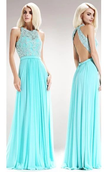 A-Line Long Jewel-Neck Sleeveless Chiffon Backless Dress With Pleats And Beading