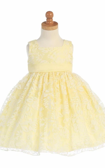 Floral Tea-Length Pleated Floral Empire Organza Flower Girl Dress With Sash