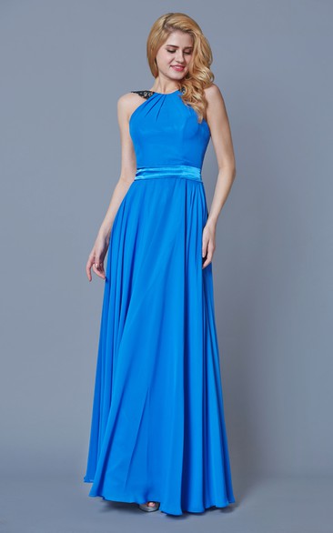 Bateau Neck Pleated Long Chiffon Dress With Satin Belt