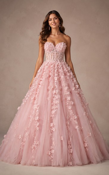Blush Pink Tulle Ball Gown Prom Dress Strapless 3D Floral Applique