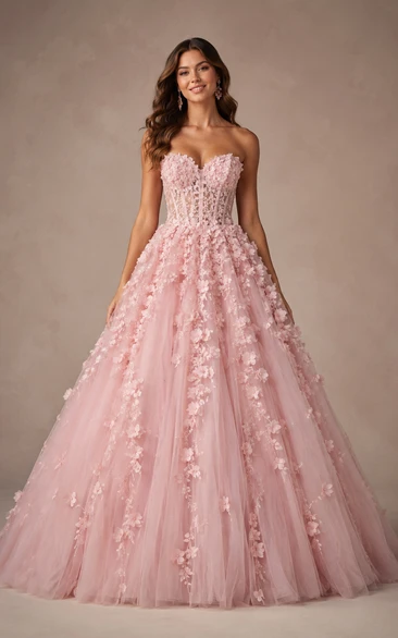 Vestido de fiesta de gala de tul rosa rubor sin tirantes con apliques florales en 3D