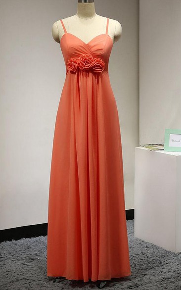 Spaghetti Straps Sweetheart Pleated A-line Chiffon Long Dress With Flower