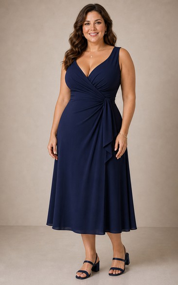 Dark Navy V-neck Plus Size Wrap Tea-Length Dress