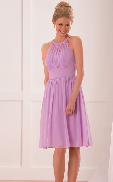 Jeweled High Neck A-Line Knee-Length Bridesmaid Dress With Pleats