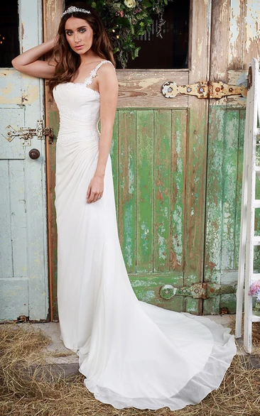 Sheath Draped Floor-Length Spaghetti Chiffon Wedding Dress With Appliques And Brush Train