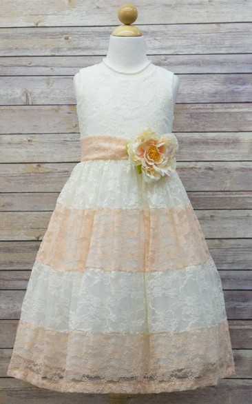 Floral Tea-Length Tiered Lace Flower Girl Dress