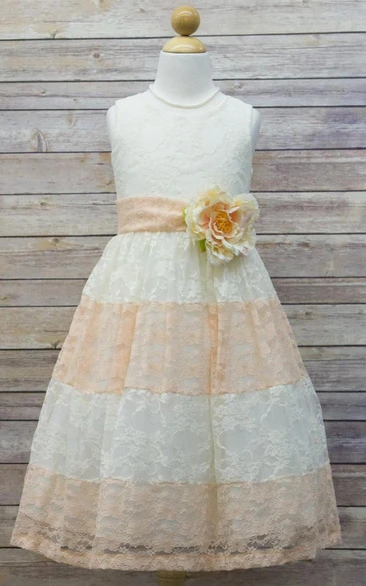 Floral Tea-Length Tiered Lace Flower Girl Dress