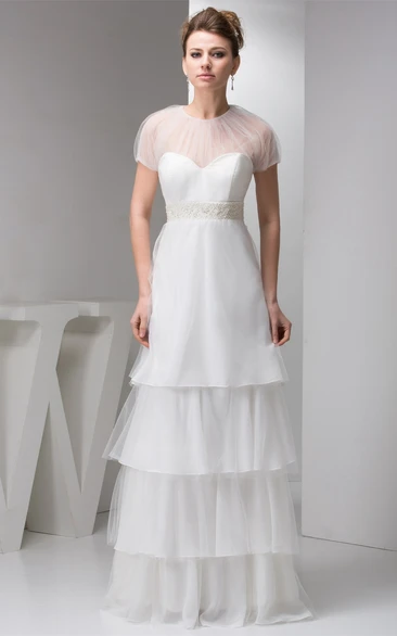 Mini-Sleeve Tiered A-Line Tulle Beaded Waist and Dress With Illusion