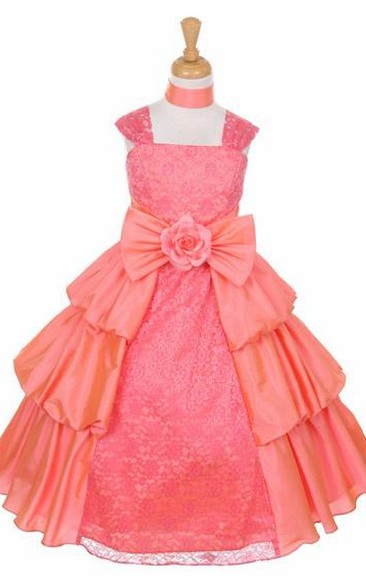 Ankle-Length Bowed Floral Lace&Taffeta Flower Girl Dress With Ribbon