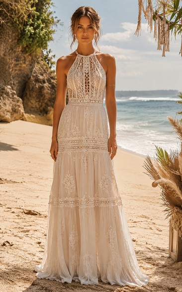 Boho Beach Summer Princess A-Line Wedding Dress Halter Tulle Lace Tiered Floor Length Sweep Train Ivory