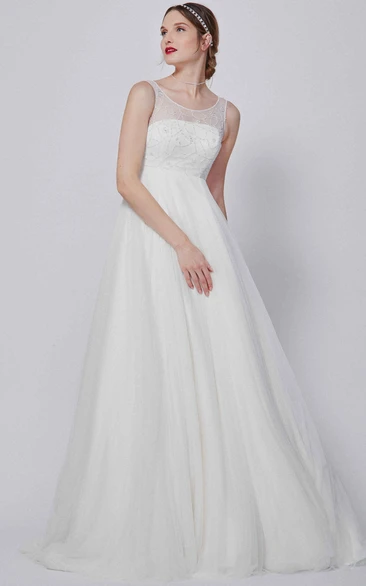 A-Line Scoop-Neck Sleeveless Beaded Floor-Length Tulle Wedding Dress With Pleats