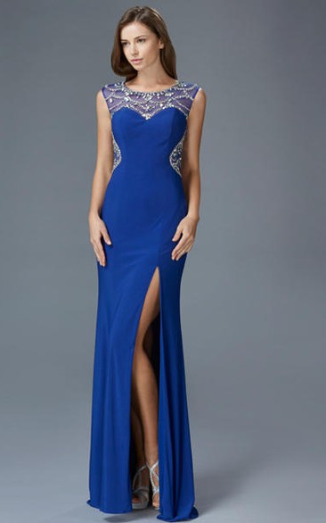 Sheath Scoop-Neck Sleeveless Jersey Illusion Dress With Beading And Split Front