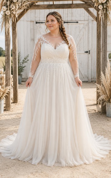 Plus Size Brautkleid in A-Linie mit kurzen Ärmeln aus Spitze und langer Tüllschleppe