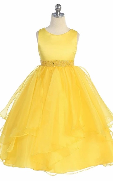 Tea-Length Beaded Tiered Sequins&Organza Flower Girl Dress With Sash