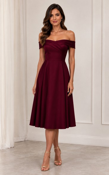 Off-the-Shoulder Satin Tea-Length Bridesmaid Dress
