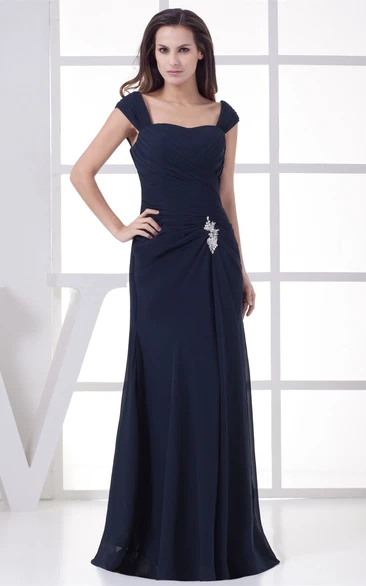 Caped-Sleeve Maxi Ruched Dress With Broach