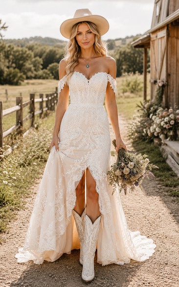 Off-the-Shoulder Mermaid Lace Country Wedding Dress with Split Front and Train