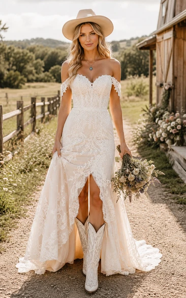 Off-the-Shoulder Mermaid Lace Country Wedding Dress with Split Front and Train